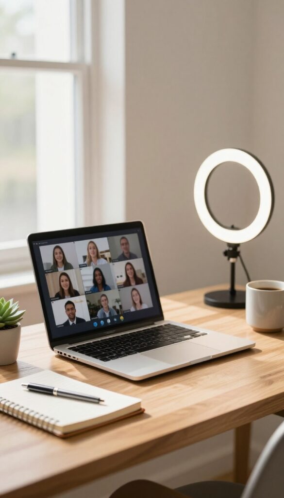 Cozy home office desk with a laptop, ring light, notebook, coffee, and plant set up for hosting an online webinar in bright natural light