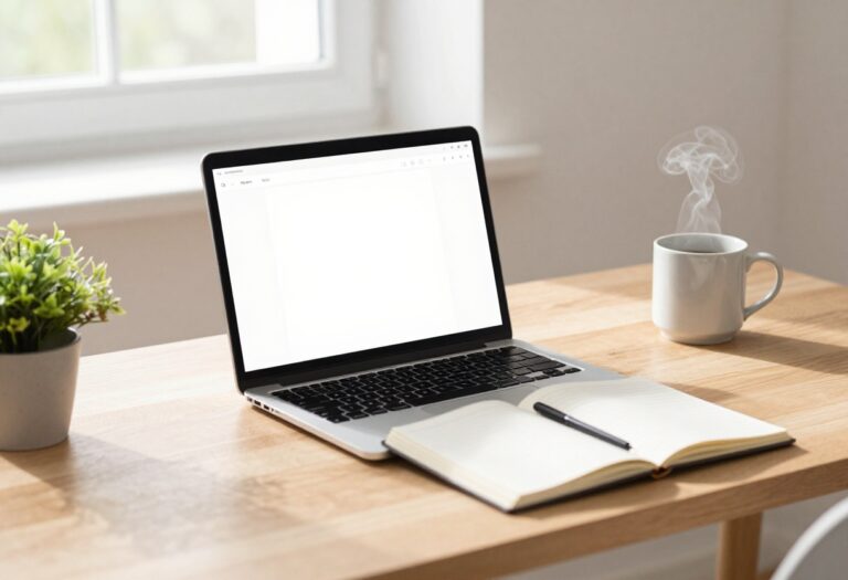 A cozy desk setup with a laptop, notebook, and coffee, ready for writing a blog post.