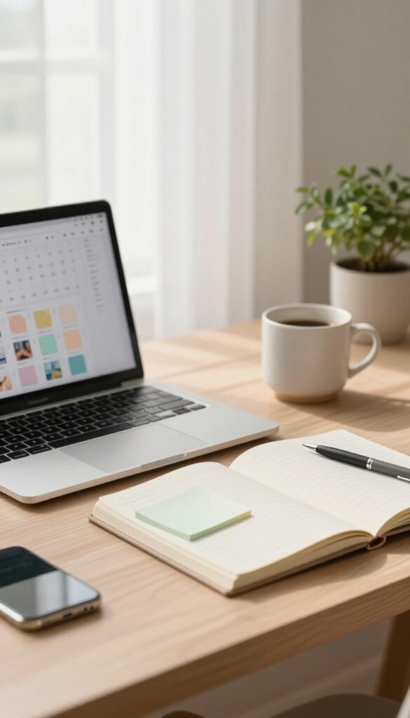 Bright home office desk with a laptop showing an abstract scheduling calendar, a phone with queued image thumbnails, sticky notes, coffee, and a plant in soft natural light