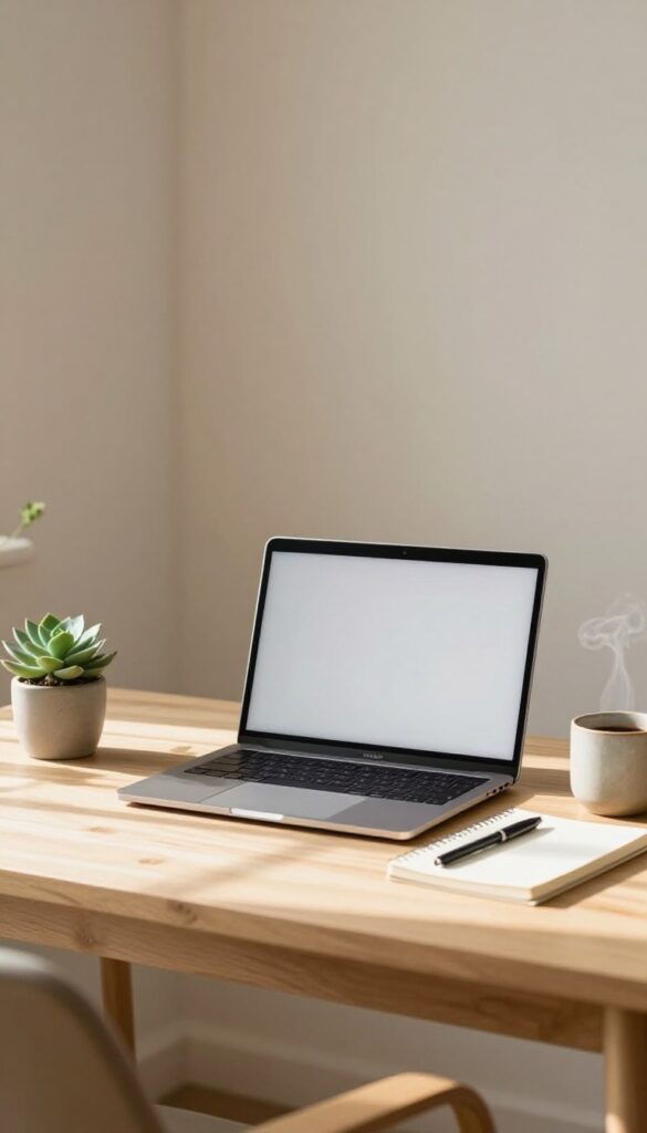 Bright home office desk with an open laptop, notebook, pen, plant, and coffee in natural light, representing learning basic SEO for a new blog.