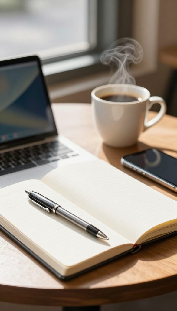 Cozy coffee shop table with an open notebook, pen, coffee cup, and smartphone in soft morning light, representing simplifying a complex topic for a beginner's guide