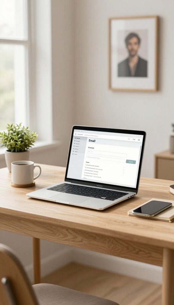 Bright home office desk with a laptop showing a clean blog sidebar containing a simple email signup form under an author photo