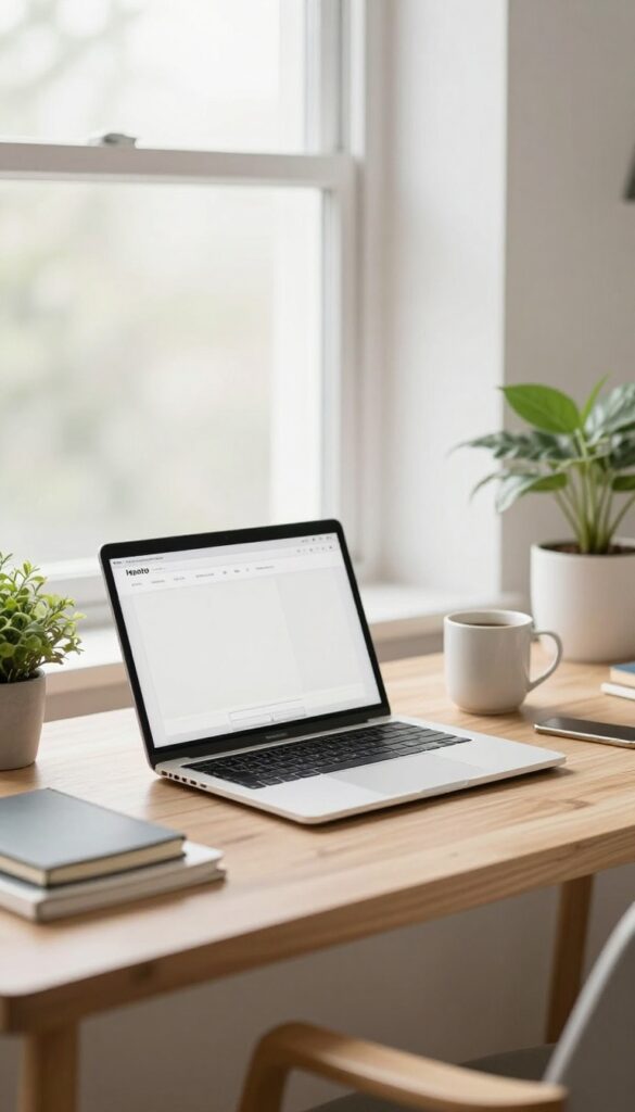 Bright sunlit home office desk with an open laptop, plant, coffee mug, and notebooks representing organized blog content and search-friendly site structure