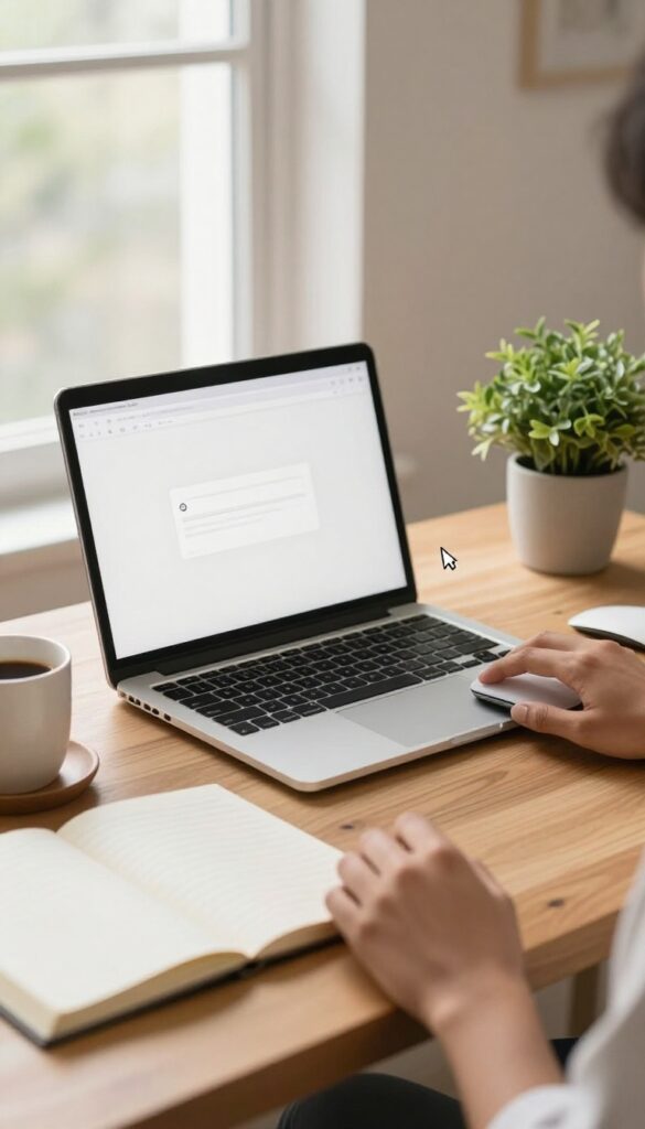 Bright home office desk with a laptop showing a simple email signup form and a hand moving a mouse toward the close button in warm morning light