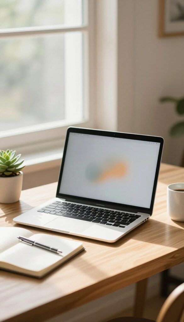 A bright home office desk with an open laptop, notebook, pen, coffee mug, and small plant in warm morning light, suggesting a blogger reviewing their first 90 days of results.