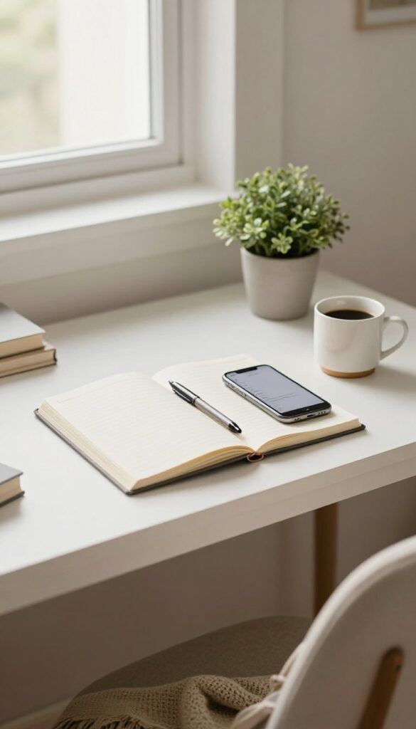 Bright home office desk with an open notebook, smartphone notes app, pen, coffee mug, and small plant in soft morning light