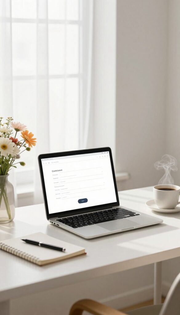 Bright home office desk with an open laptop showing a blank contact form, flowers, notebook, and coffee in natural light