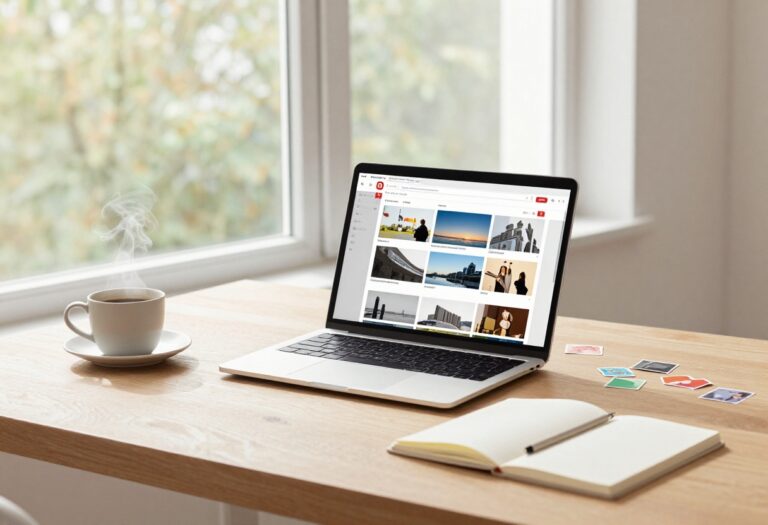 Blogger's desk with laptop displaying Pinterest and colorful pin designs