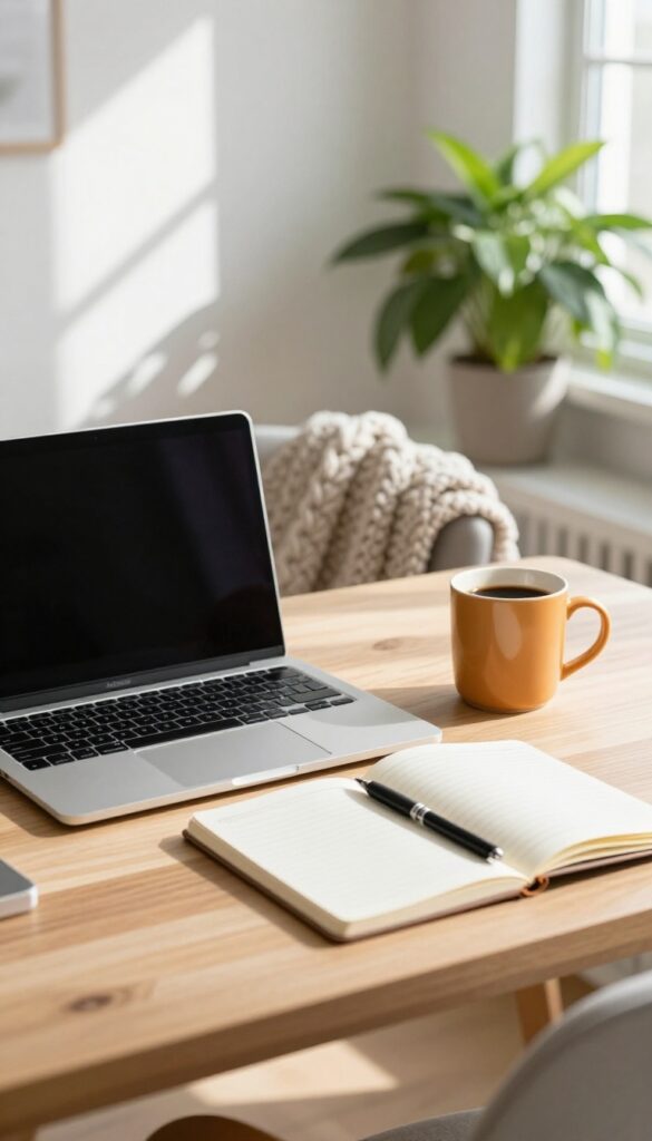 Bright home office desk with a closed laptop, coffee mug, open notebook, and a plant in soft morning light, suggesting a fresh start after a break