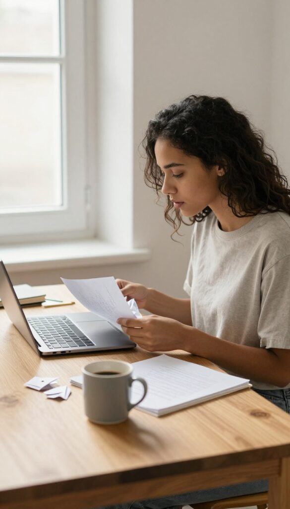 Blogger at a sunlit desk crumpling a paper draft beside a laptop and coffee mug, representing learning from an early mistake