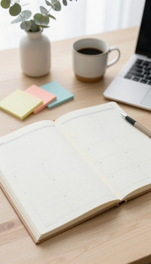 Bright overhead flat lay of an open blank 12-month paper planner on a light wood desk with coffee, eucalyptus, and sticky notes, styled for seasonal blog planning.