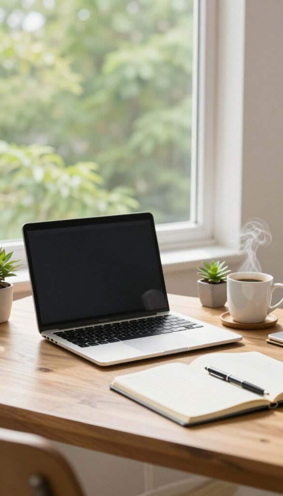 Cozy bright home office desk with a laptop, coffee mug, notebook, and plant by a sunny window