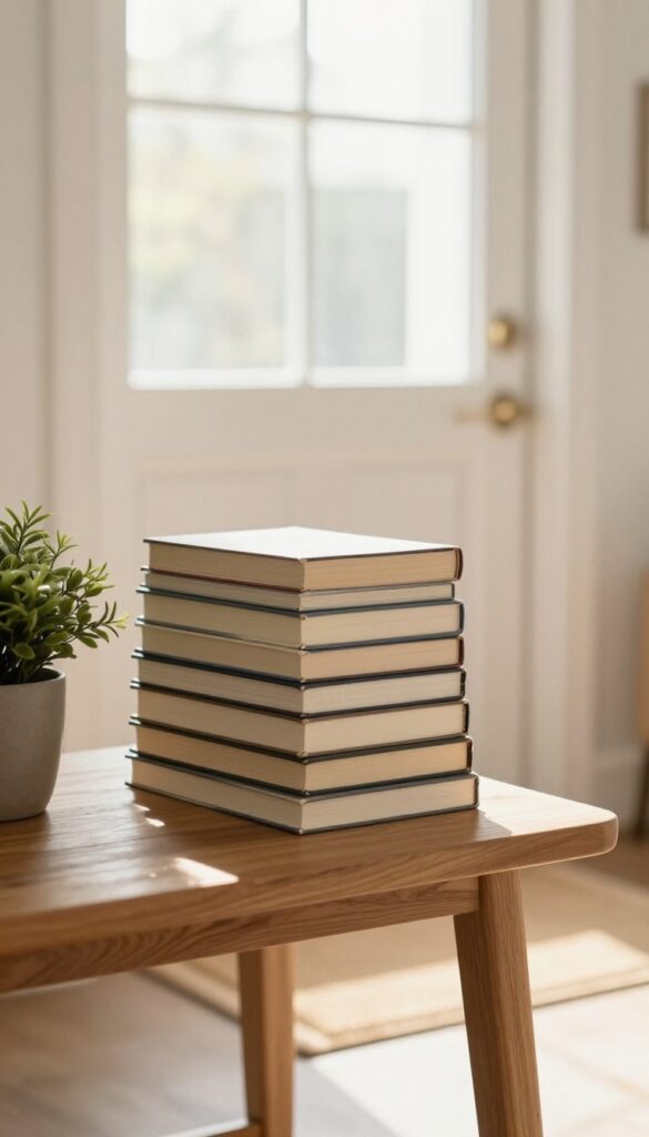 Bright sunlit entryway with a blank welcome mat and a neat ascending stack of plain unmarked books on a wooden console table, suggesting a clear guided path for new visitors