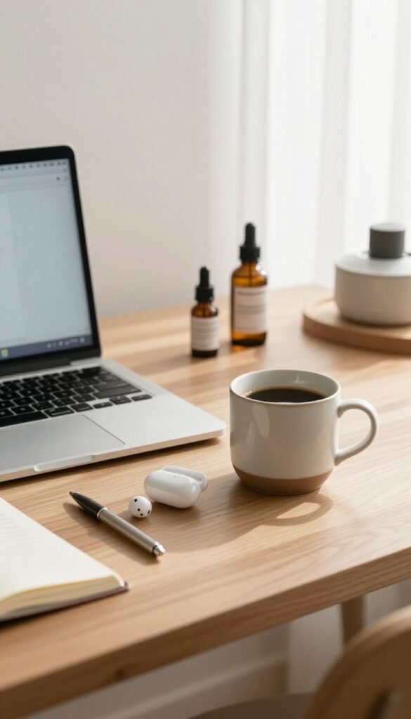 Cozy home office desk with a laptop, coffee mug, and everyday products used for recommending affiliate items on a blog