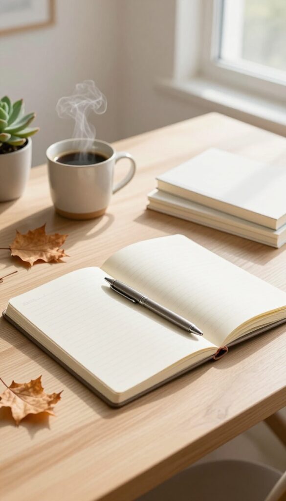 Cozy desk flat lay with a blank notebook, pen, coffee mug, autumn leaves, and a small plant in soft natural light