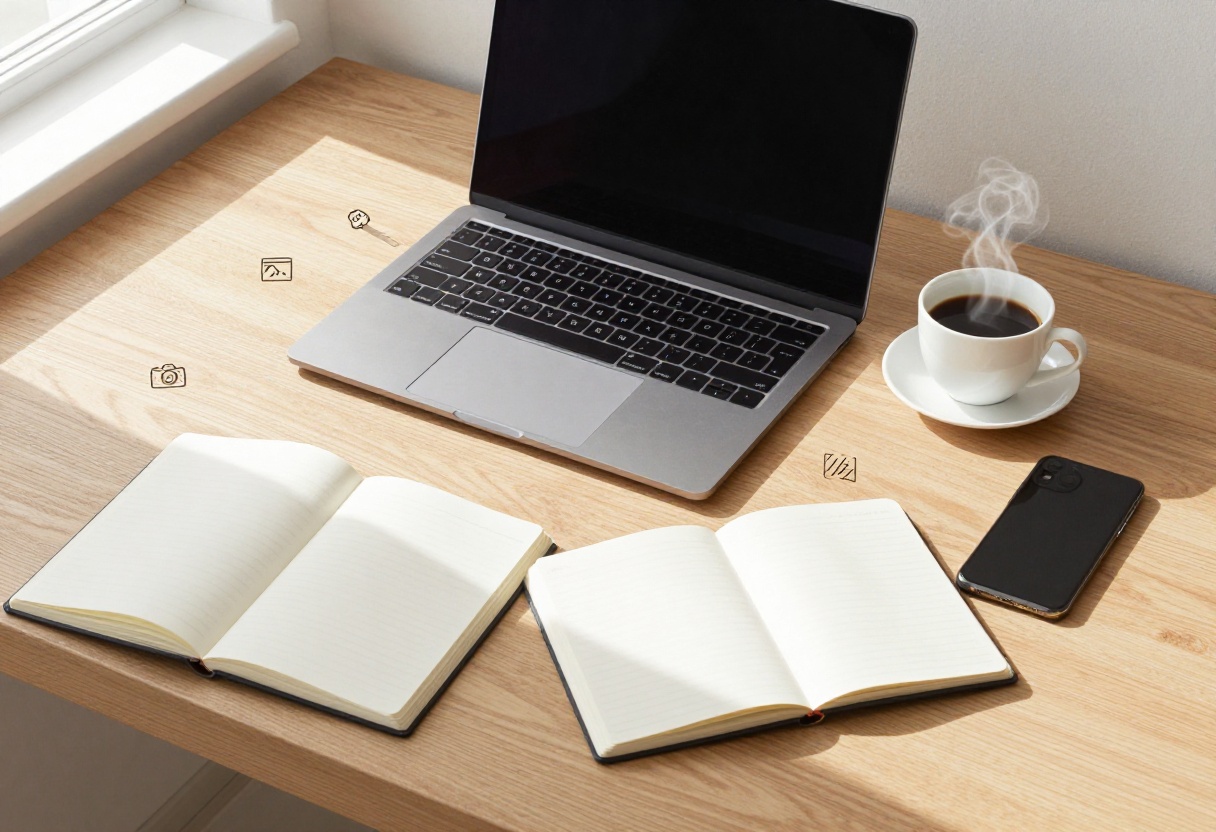Blogging workspace with laptop, notebook, coffee, and smartphone on a wooden desk