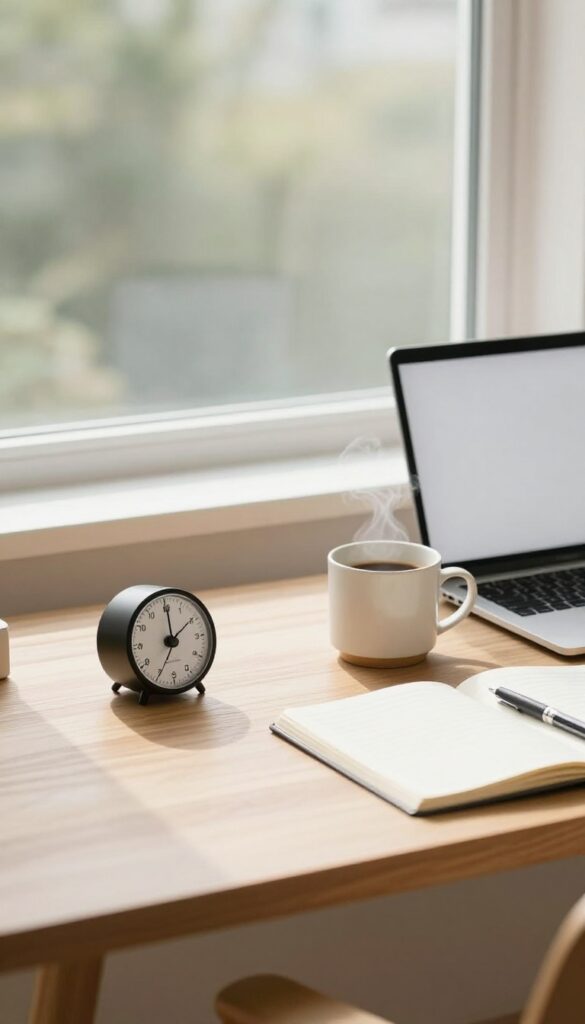 A round kitchen timer and open laptop on a sunlit wooden desk, ready for a focused writing sprint