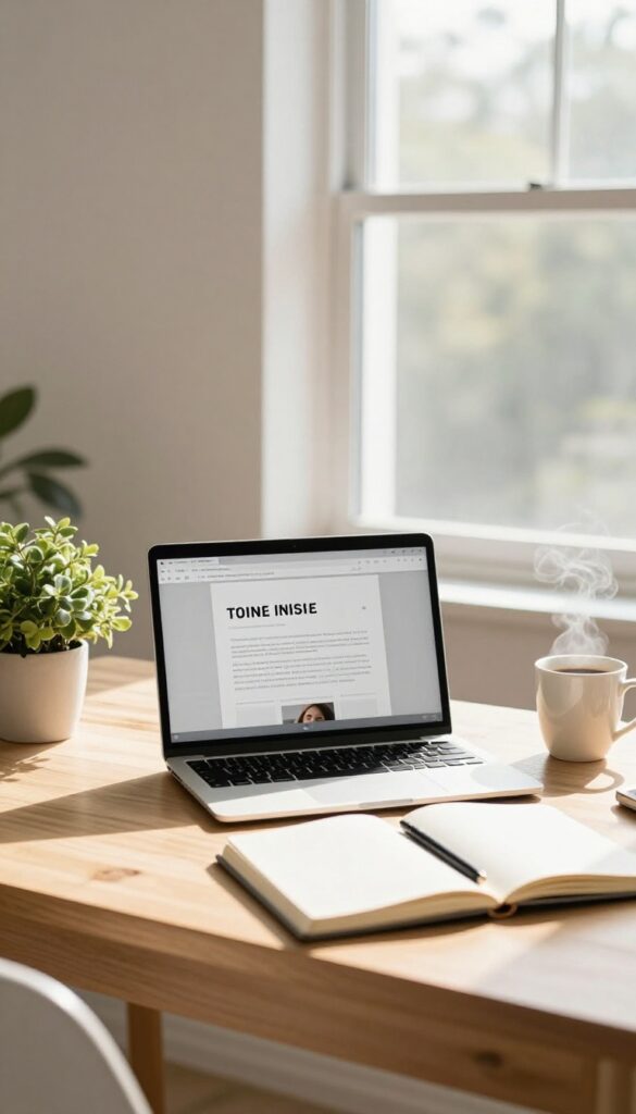 Bright cozy blogger workspace with laptop, coffee, plant, and notebook in natural window light